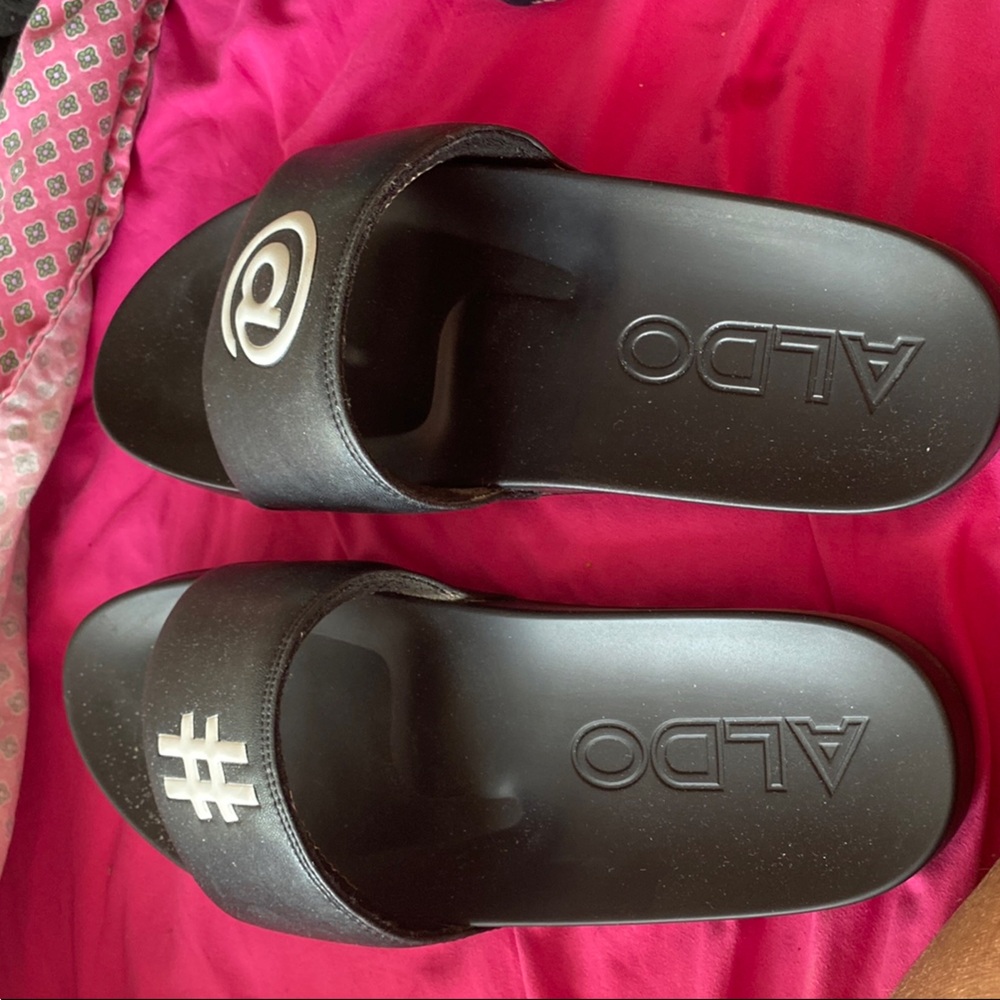 Aldo Black Slides with Symbolic Design